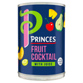 Princes - Fruit Cocktail With Juice 410g features assorted fruits in juice, with vibrant product branding on a blue label—a tasty and healthy snack choice.